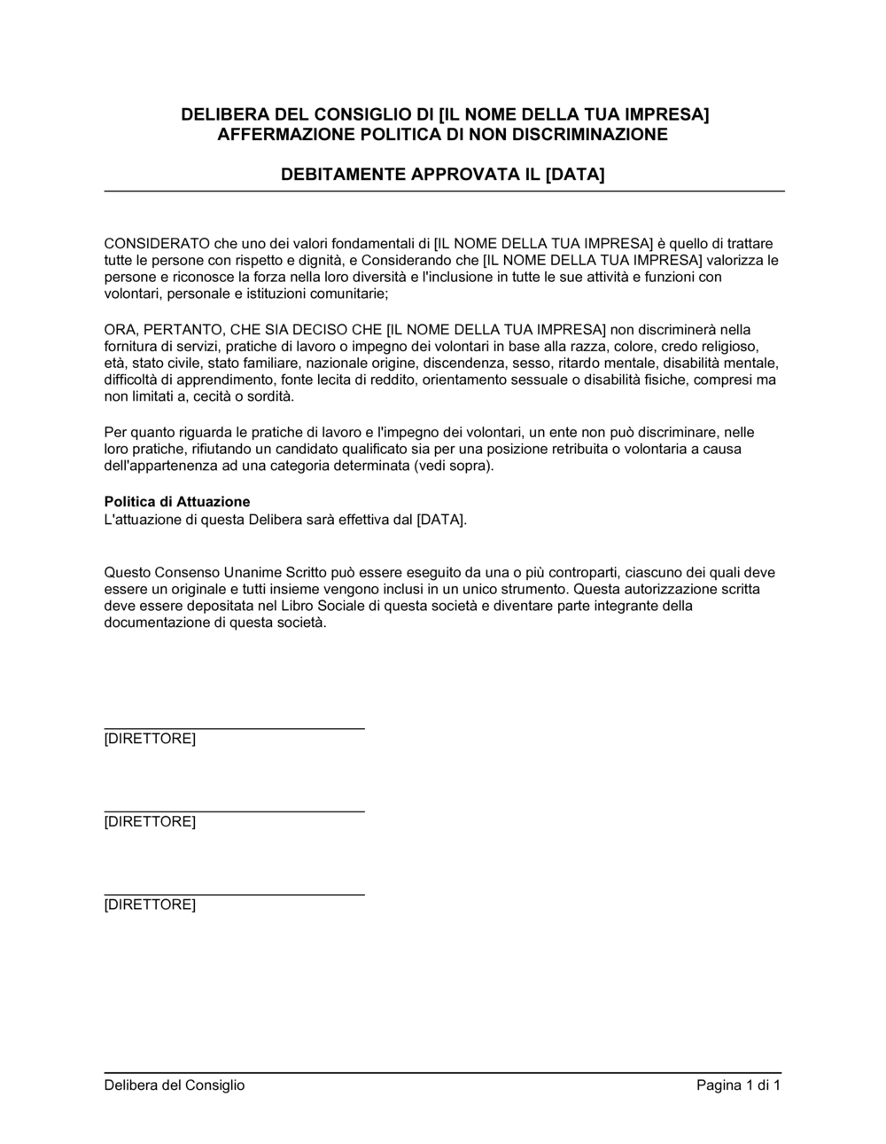 Business-in-a-Box's Delibera consiglio affermazione politica di non discriminazione