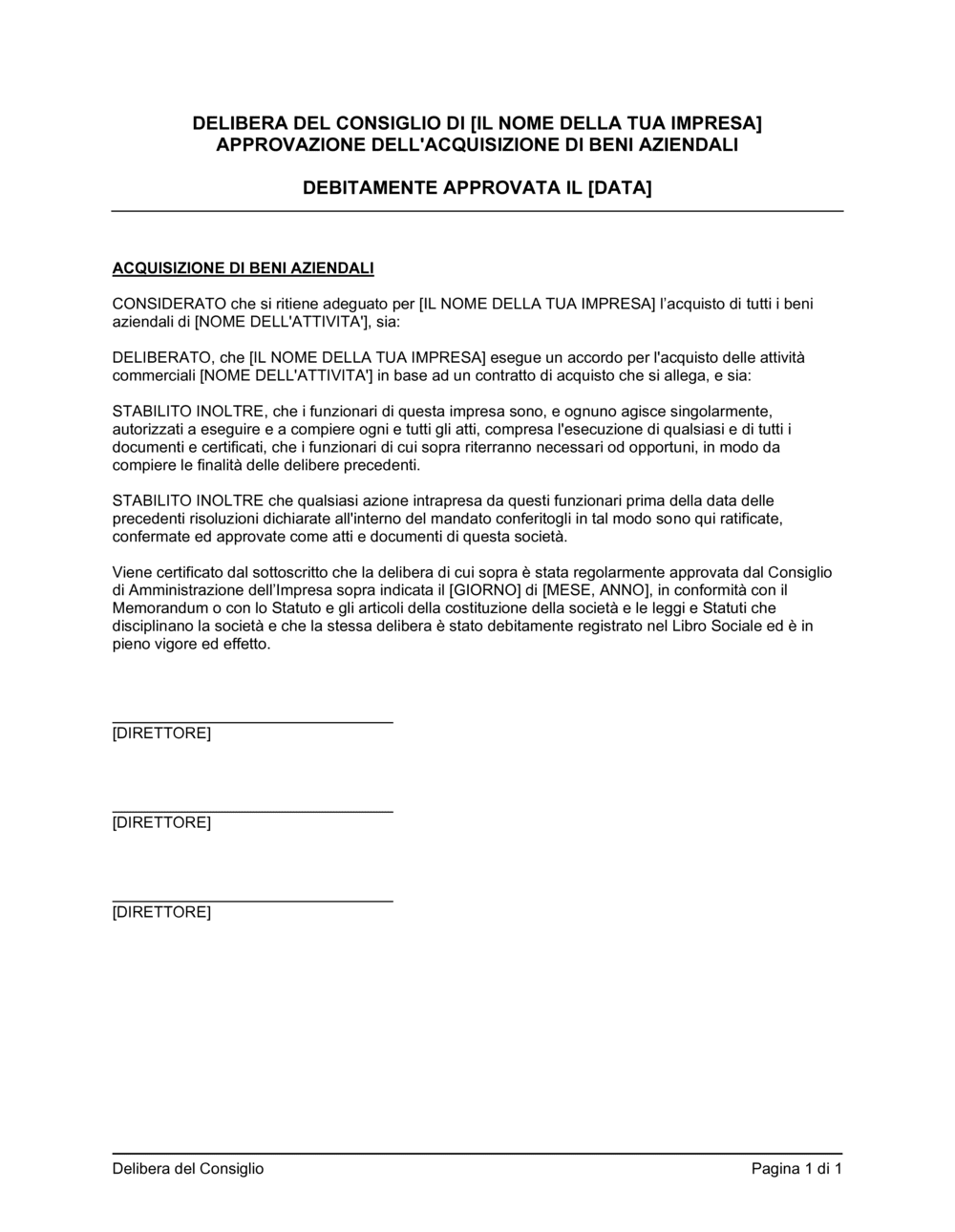 Business-in-a-Box's Delibera consiglio approvazione acquisizione di beni aziendali