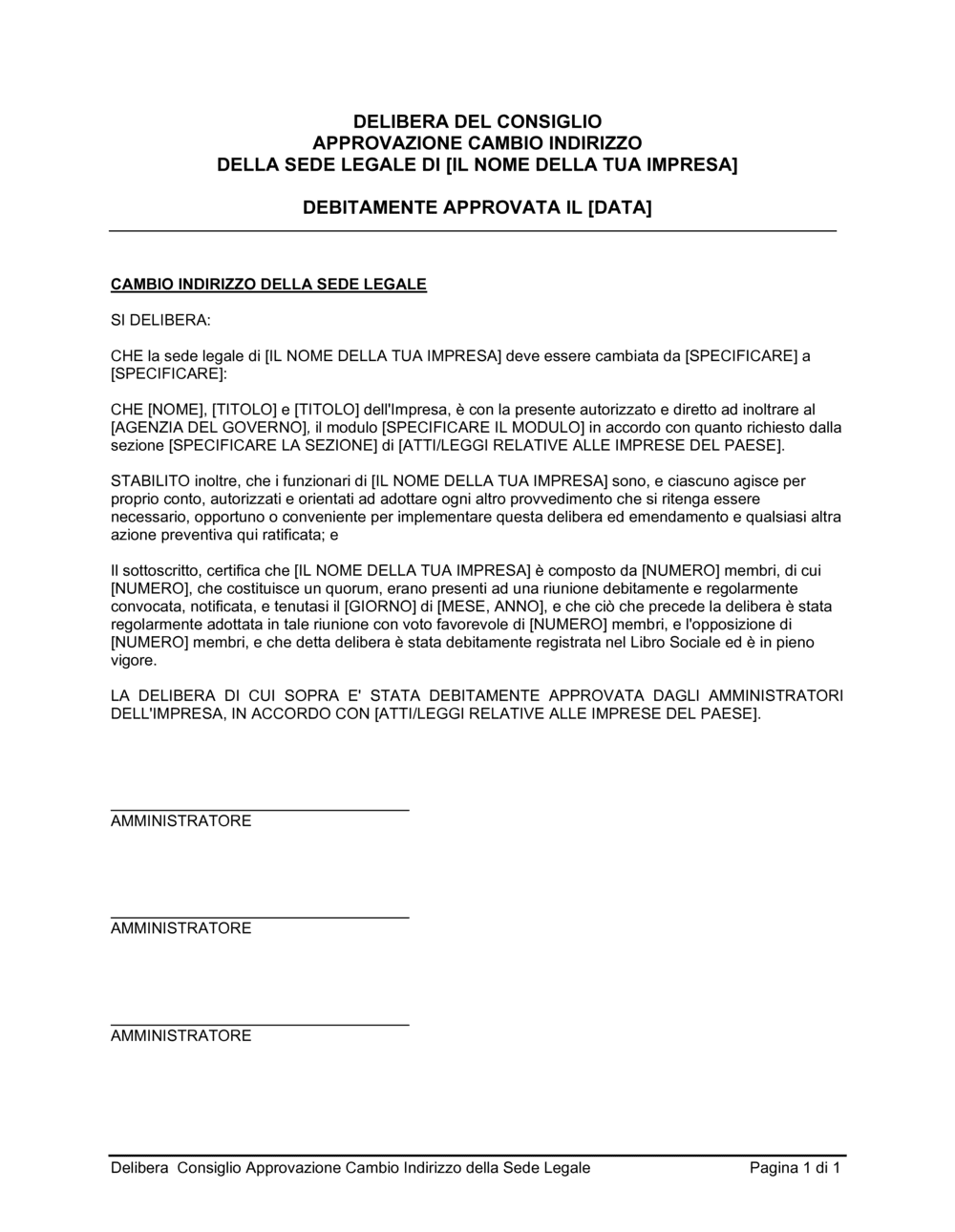 Business-in-a-Box's Delibera consiglio approvazione cambio indirizzo sede legale