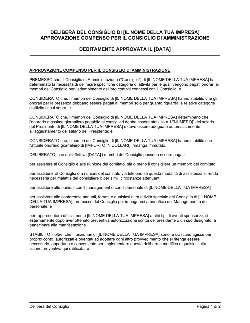 Business-in-a-Box's Delibera consiglio approvazione compensi consiglio d'amministrazione