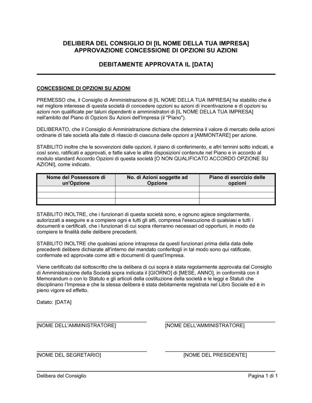 Business-in-a-Box's Delibera consiglio approvazione concessione di opzioni su azioni