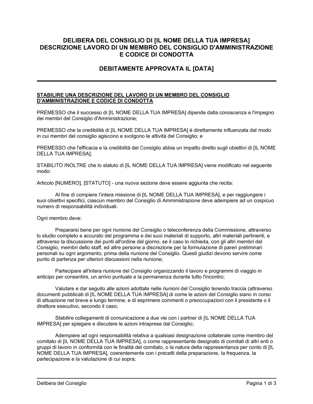 Business-in-a-Box's Delibera consiglio approvazione descrizione lavoro e codice di condotta