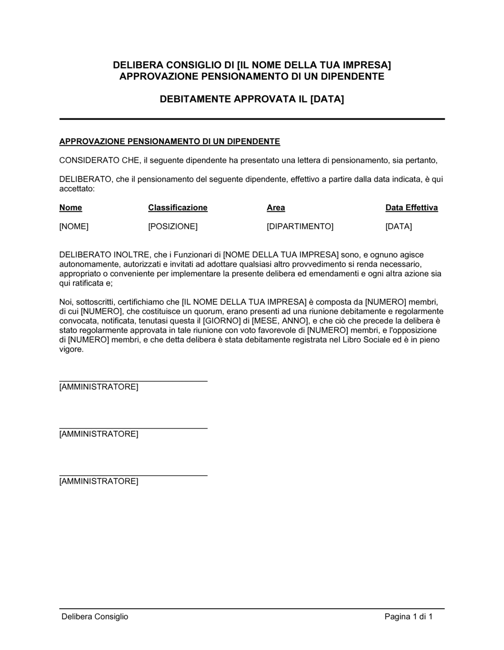 Business-in-a-Box's Delibera consiglio approvazione pensionamento dipendente