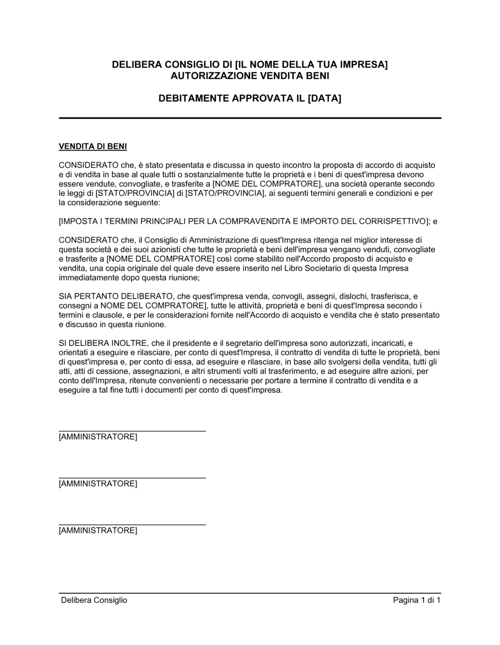 Business-in-a-Box's Delibera consiglio approvazione vendita dei beni