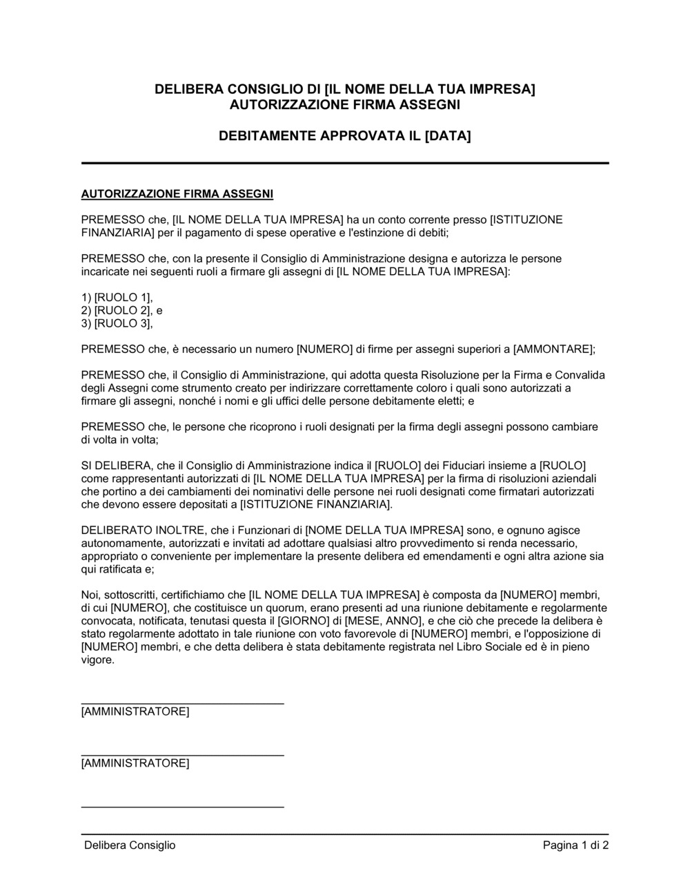 Business-in-a-Box's Delibera consiglio autorizzazione firma assegni