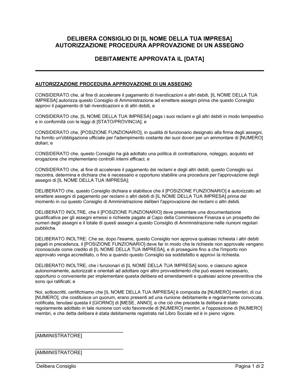 Business-in-a-Box's Delibera consiglio autorizzazione procedura approvazione assegni