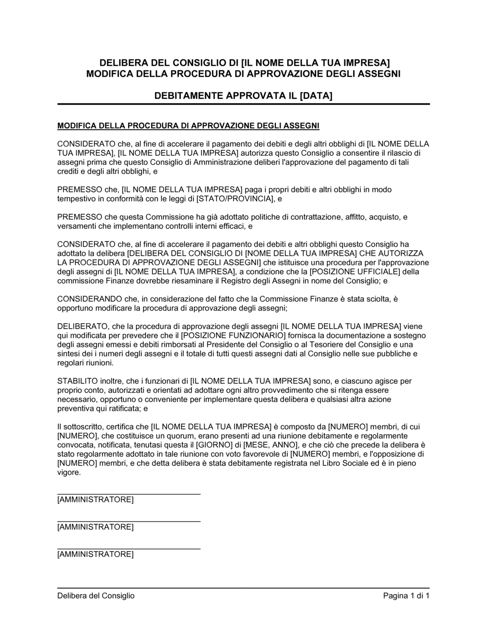 Business-in-a-Box's Delibera consiglio modifica procedura controllo assegni
