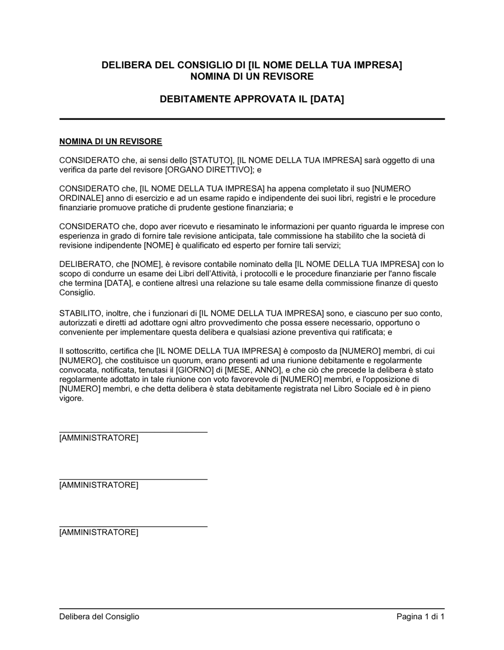 Delibera Consiglio Nomina Di Un Revisore Word Gratis 