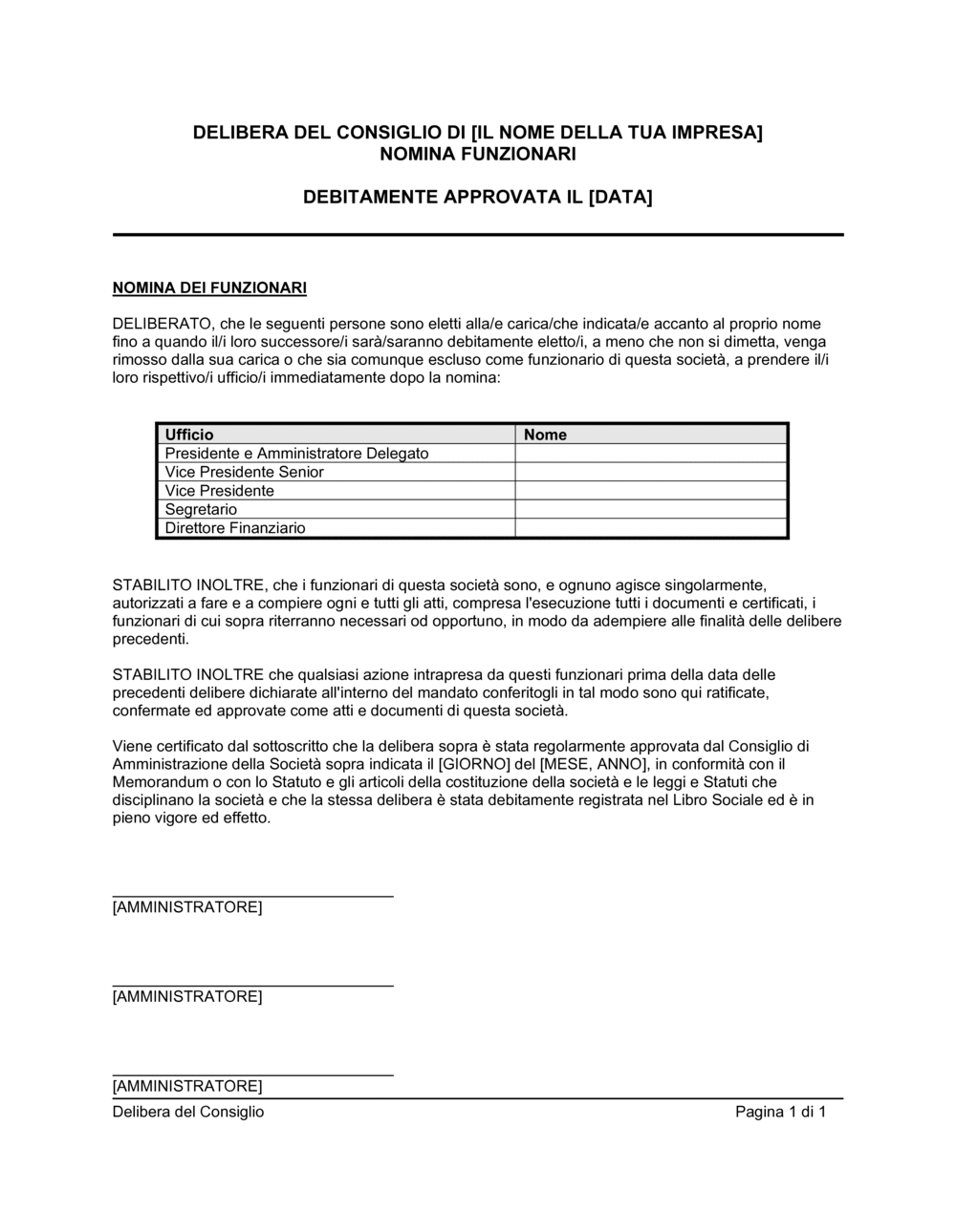 Business-in-a-Box's Delibera consiglio nomina funzionari