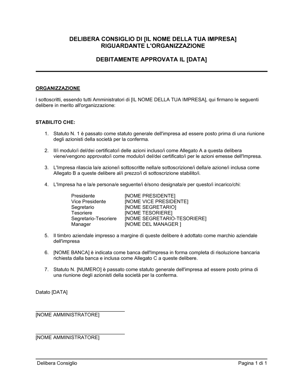 Business-in-a-Box's Delibera consiglio riguardante organizzazione