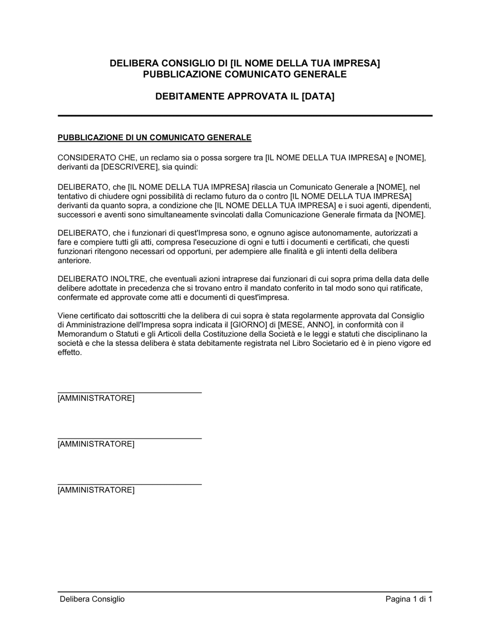 Business-in-a-Box's Delibera consiglio rilascio comunicato generale