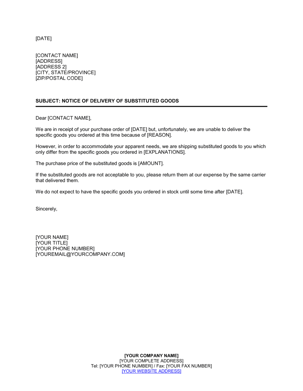 Business-in-a-Box's Delivery of Substituted Goods Template