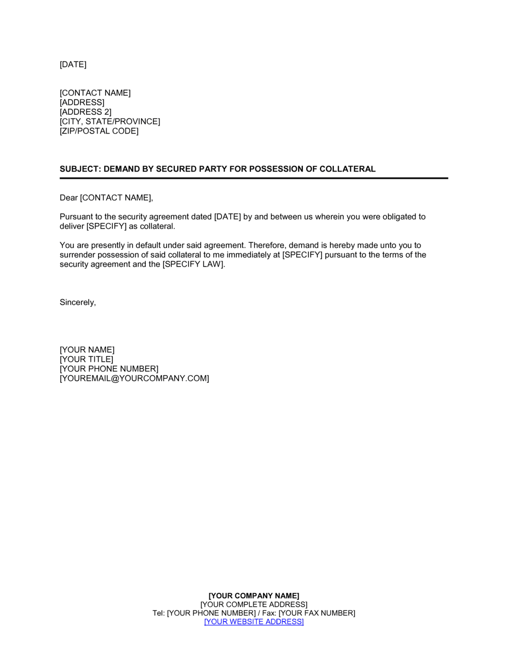 Business-in-a-Box's Demand by Secured Party for Possession of Collateral Template
