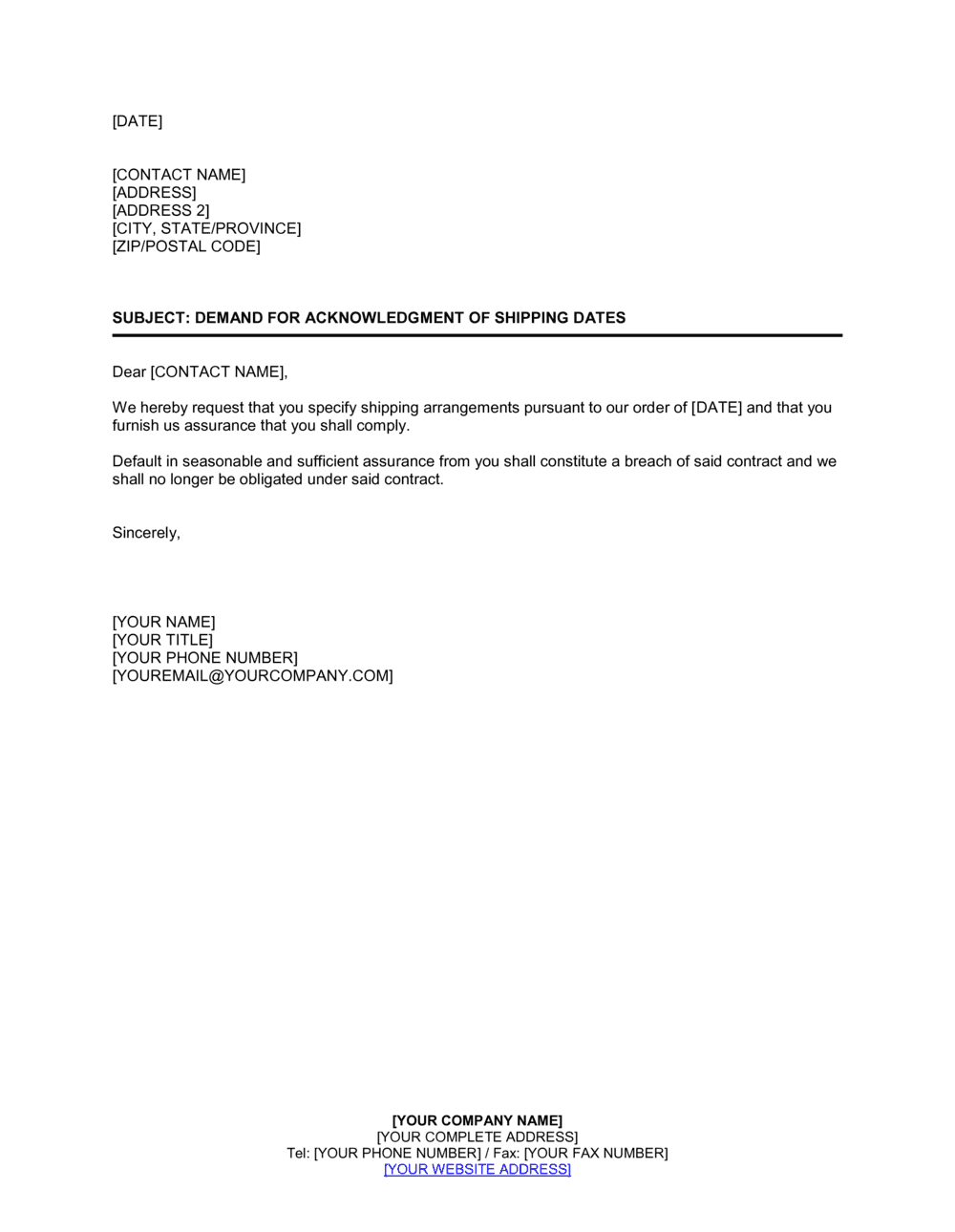 Business-in-a-Box's Demand for Acknowledgment of Shipping Dates Template