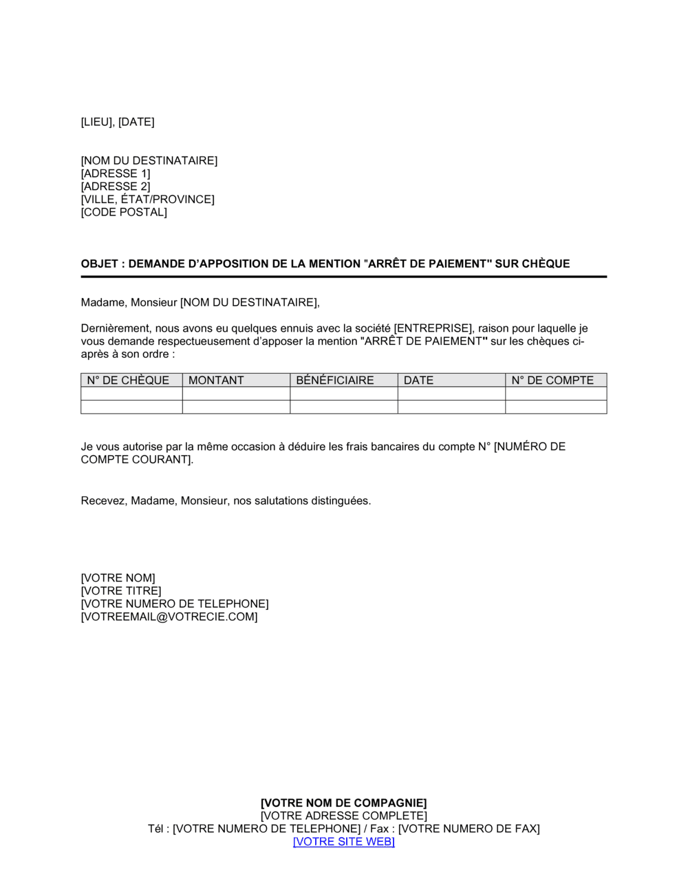 Business-in-a-Box's Demande d'arrêt de paiement