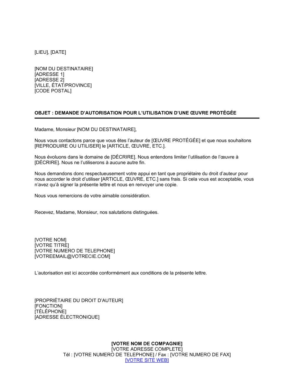 Business-in-a-Box's Demande d'autorisation pour l'utilisation d'une oeuvre protégée