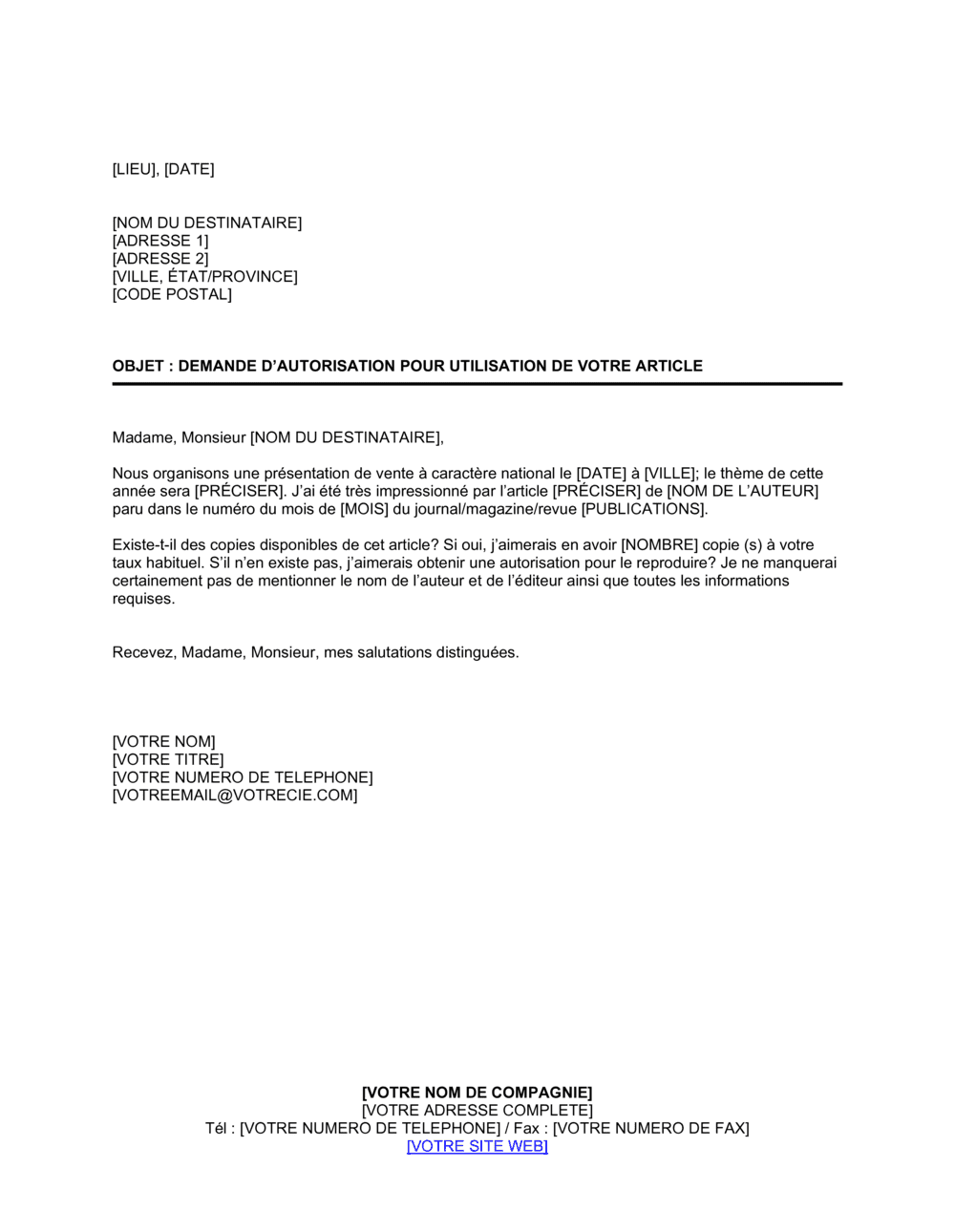 Business-in-a-Box's Demande d'autorisation pour utilisation d'article