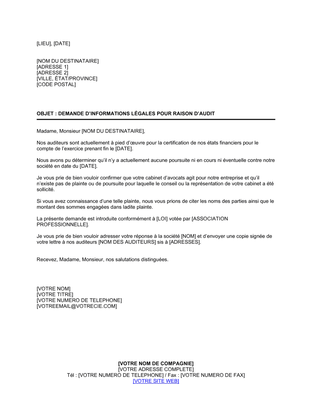 Business-in-a-Box's Demande d'informations légales pour raison d'audit