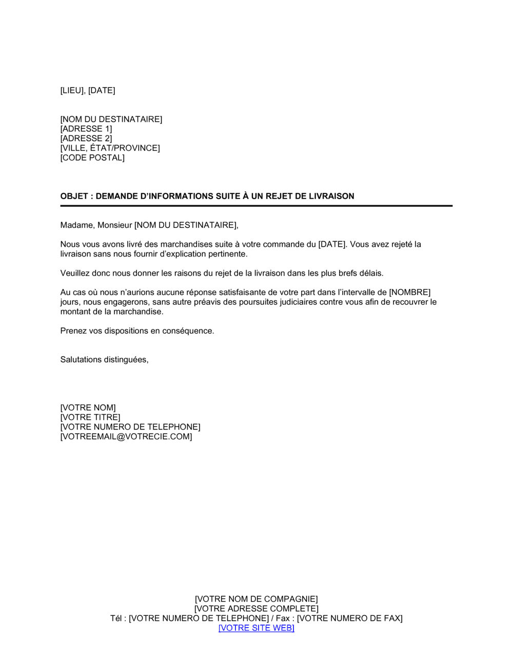 Business-in-a-Box's Demande d'informations suite à un rejet de livraison