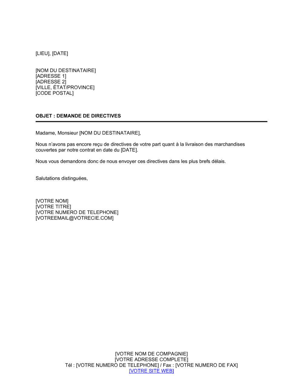 Business-in-a-Box's Demande d'instructions relatives à une expédition de marchandises