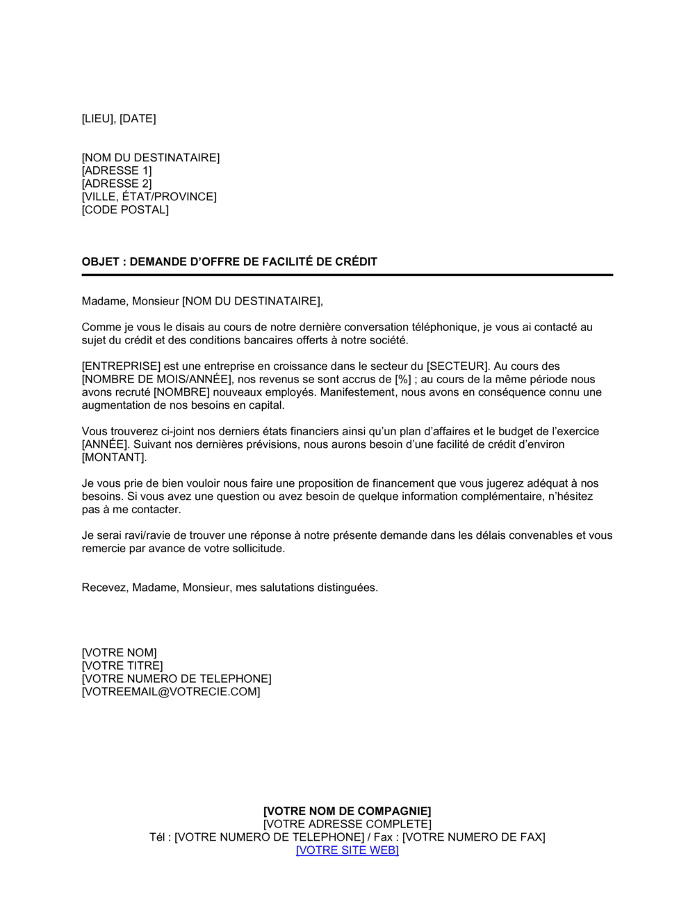 Business-in-a-Box's Demande d'offre de facilité de crédit
