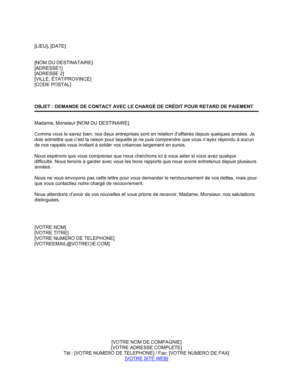 Business-in-a-Box's Demande de contact avec le chargé de crédit pour compte en souffrance