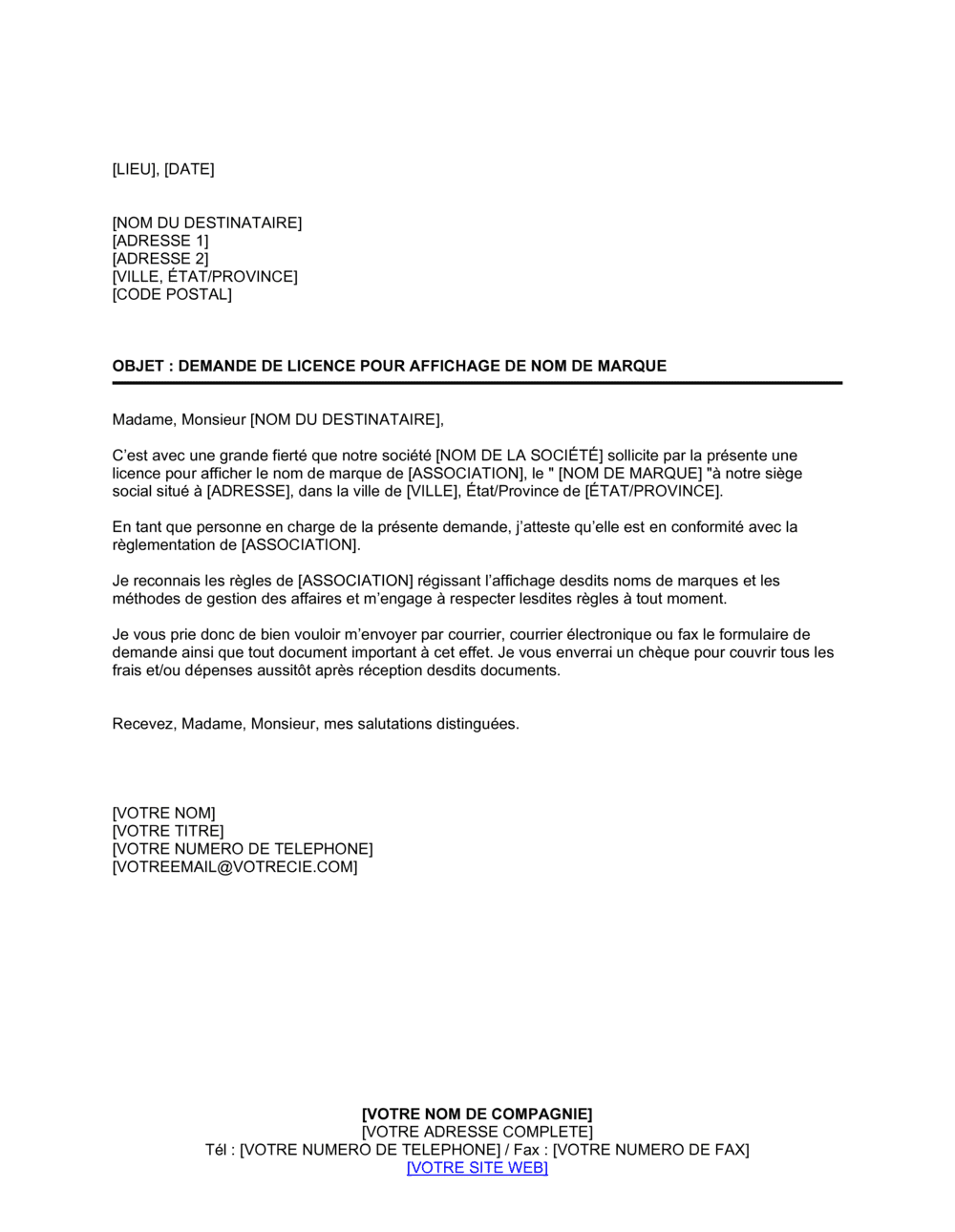 Business-in-a-Box's Demande de licence pour affichage de nom de marque