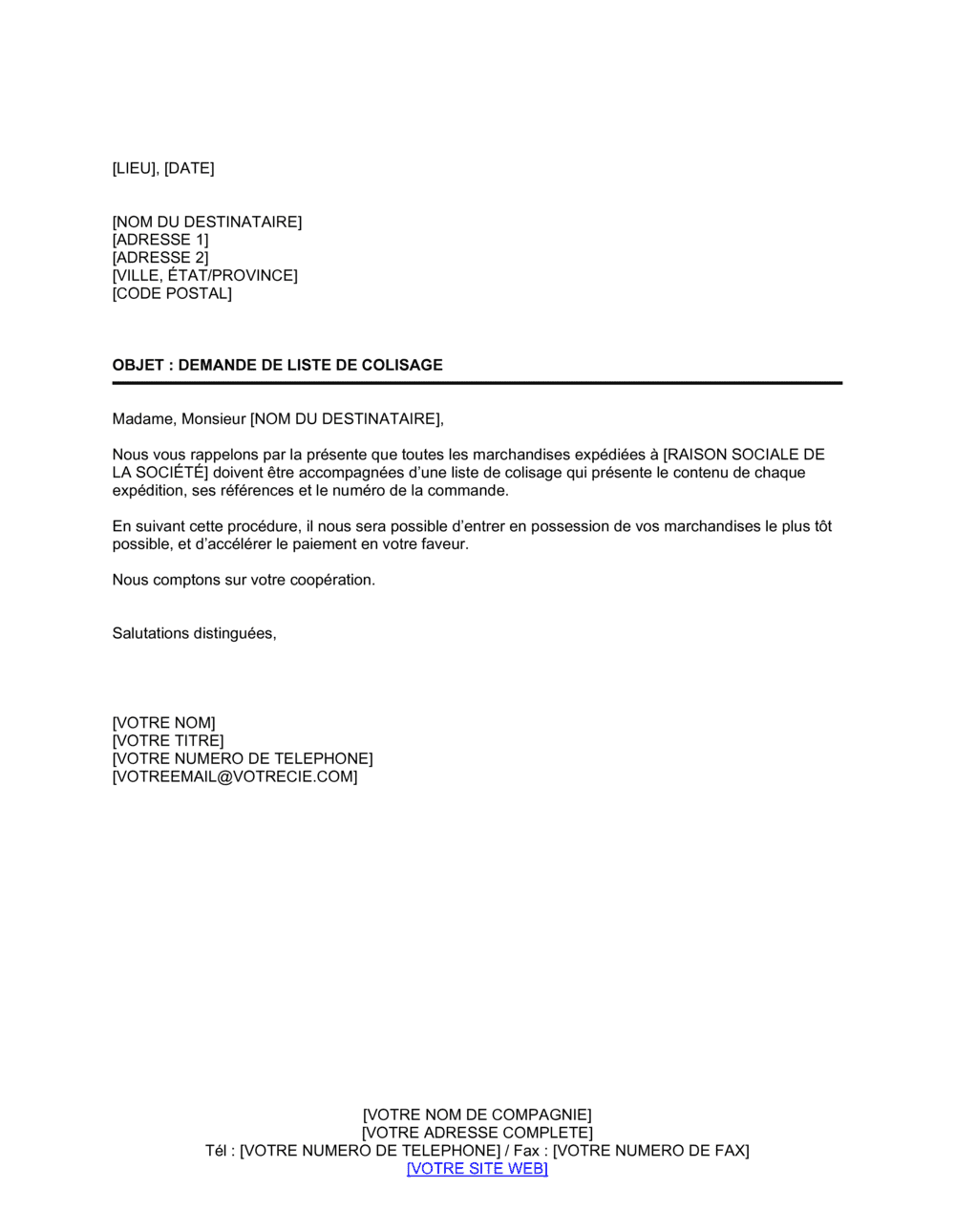 Business-in-a-Box's Demande de liste de colisage