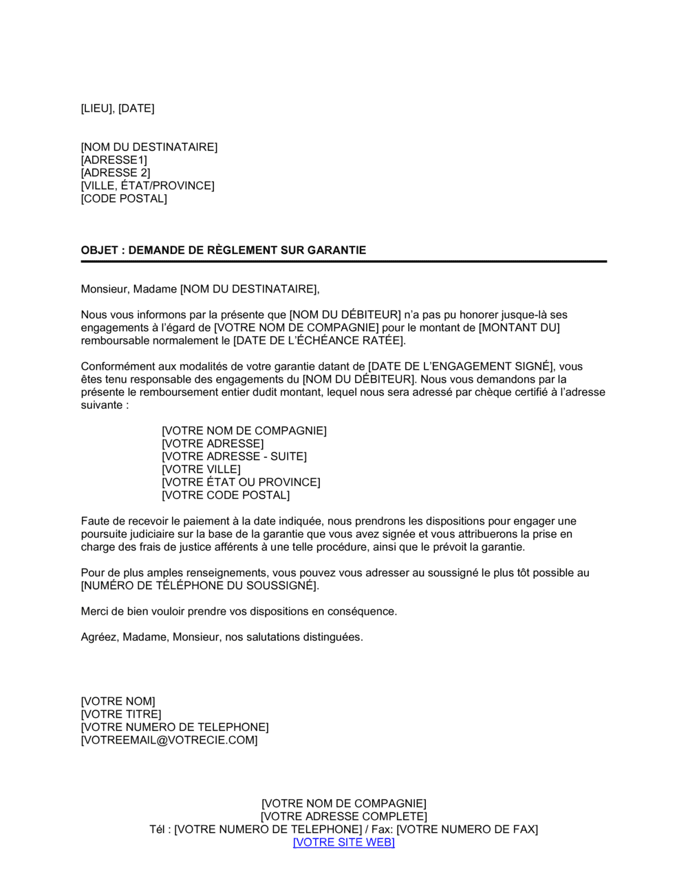 Business-in-a-Box's Demande de paiement aux avaliseurs