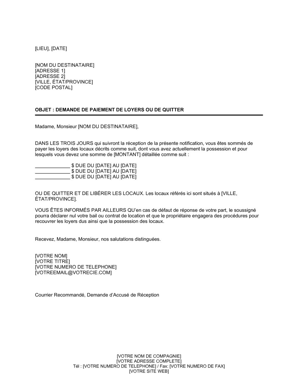 Business-in-a-Box's Demande de paiement de loyers ou sommation de quitter