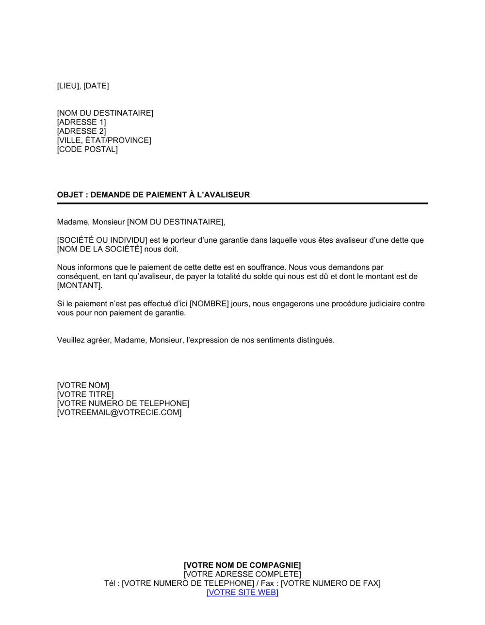 Business-in-a-Box's Demande de paiement à l'avaliseur