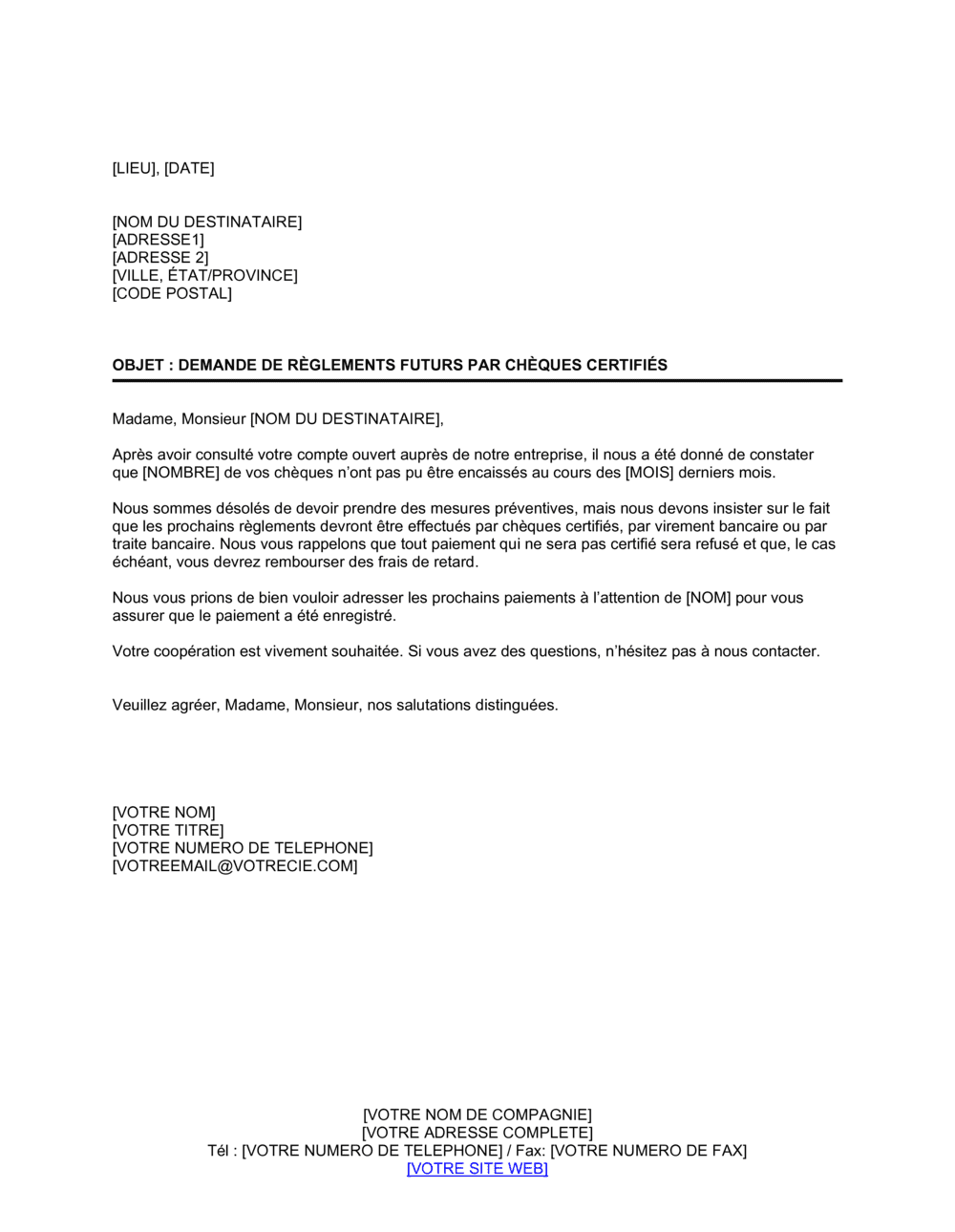 Business-in-a-Box's Demande de paiements futurs par chèques certifiés