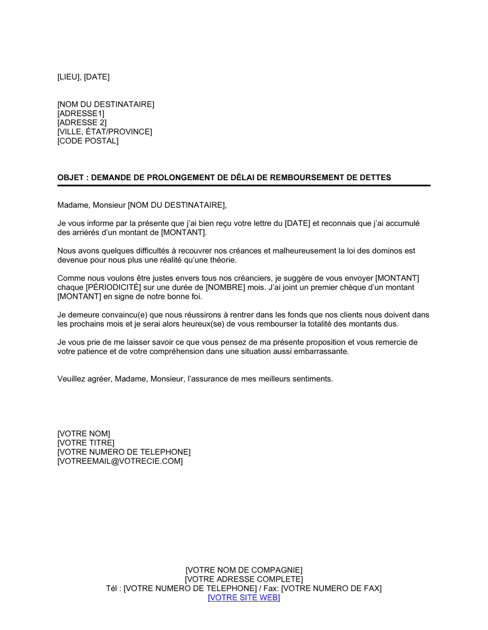 Business-in-a-Box's Demande de prolongement de délai de paiement d'une dette