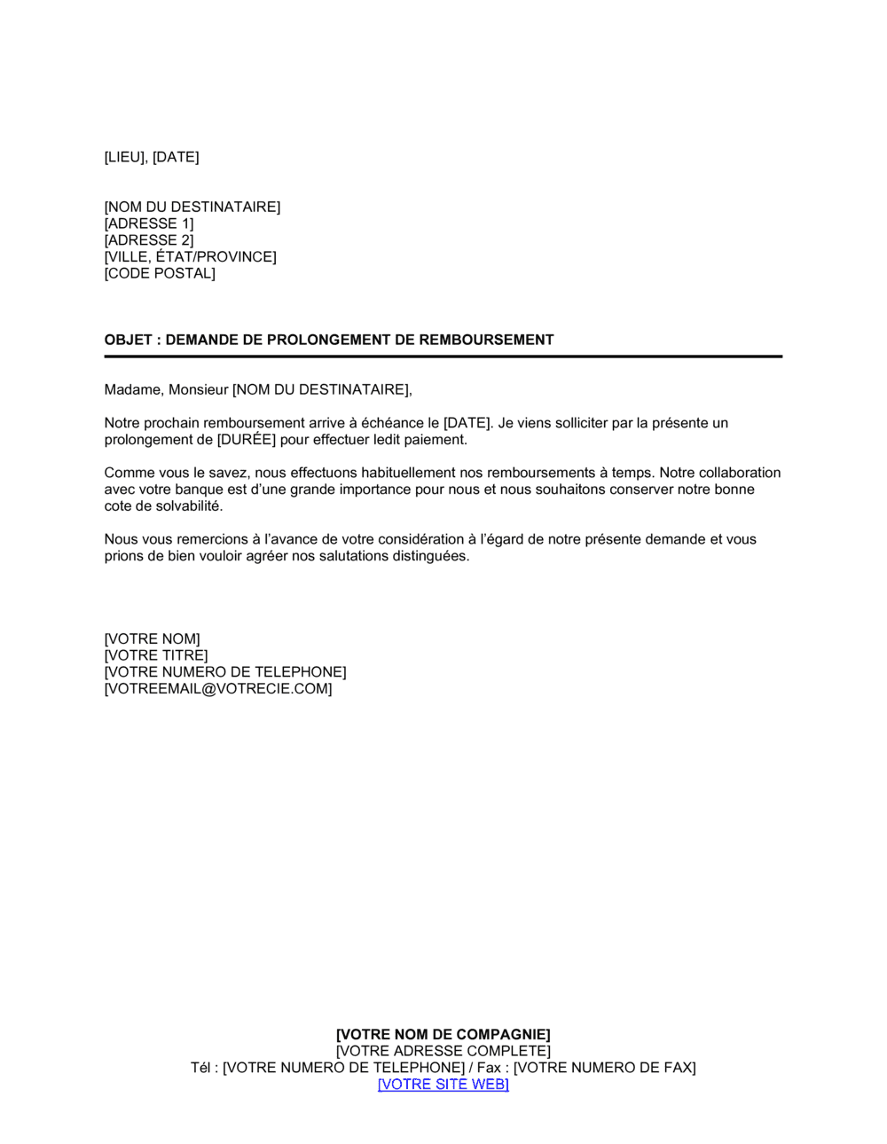 Business-in-a-Box's Demande de prolongement de paiement à un banquier