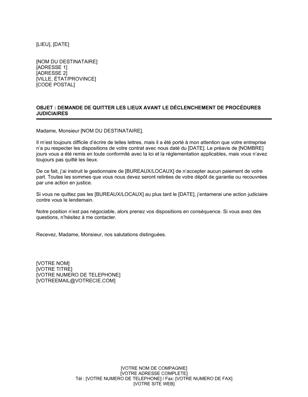 Business-in-a-Box's Demande de quitter les lieux avant le déclenchement de procédures judiciaires