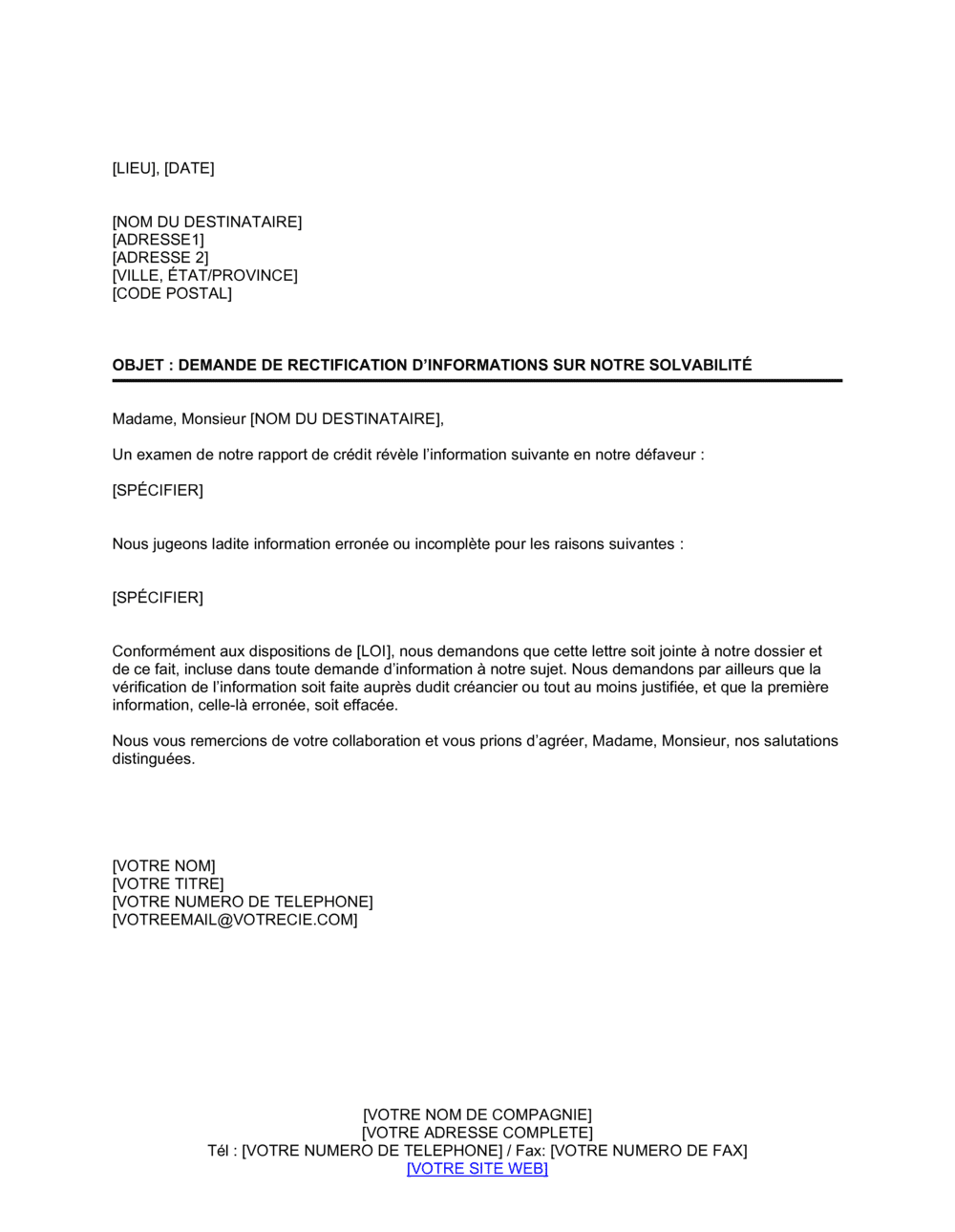 Business-in-a-Box's Demande de rectification d'informations sur notre solvabilité