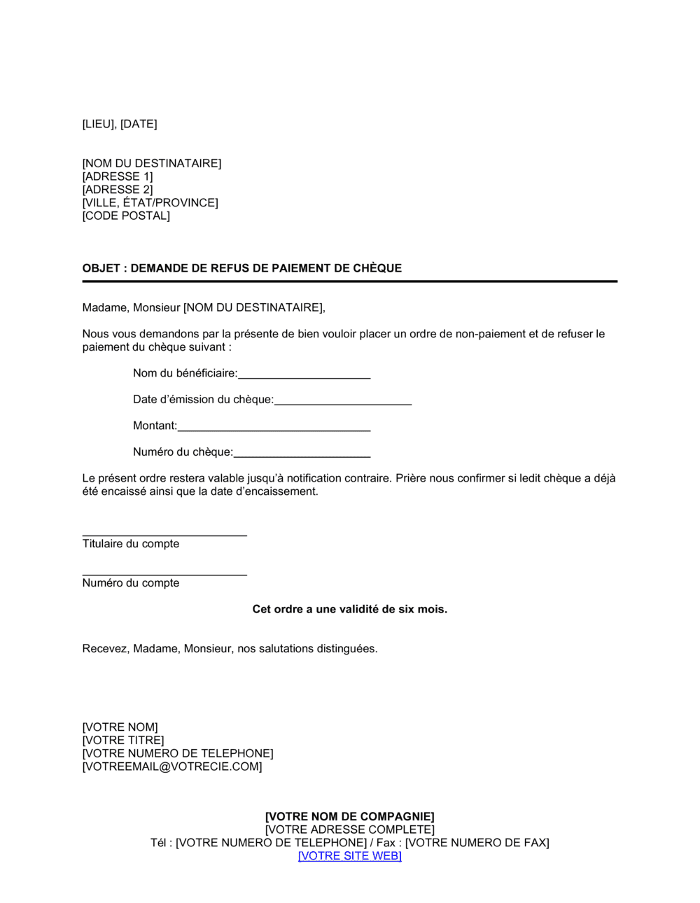 Business-in-a-Box's Demande de refus de paiement de chèque