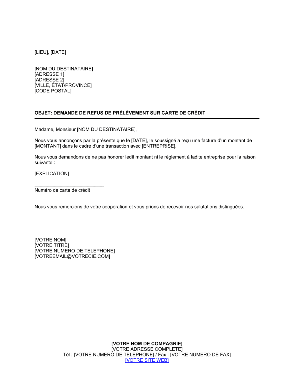 Business-in-a-Box's Demande de refus de prélèvement sur carte de crédit
