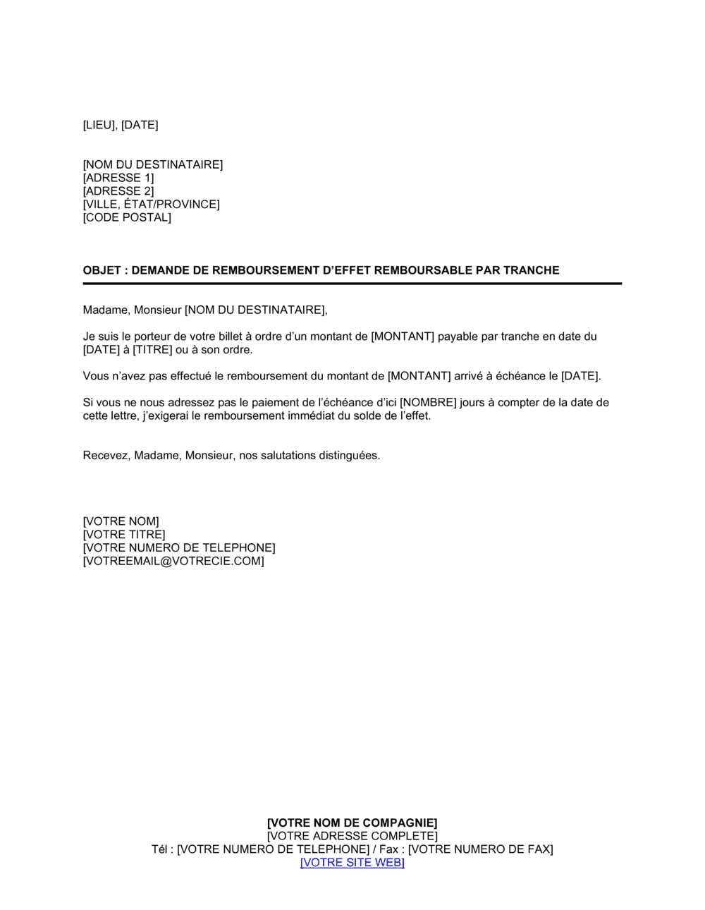Business-in-a-Box's Demande de remboursement d'effet payable par tranche