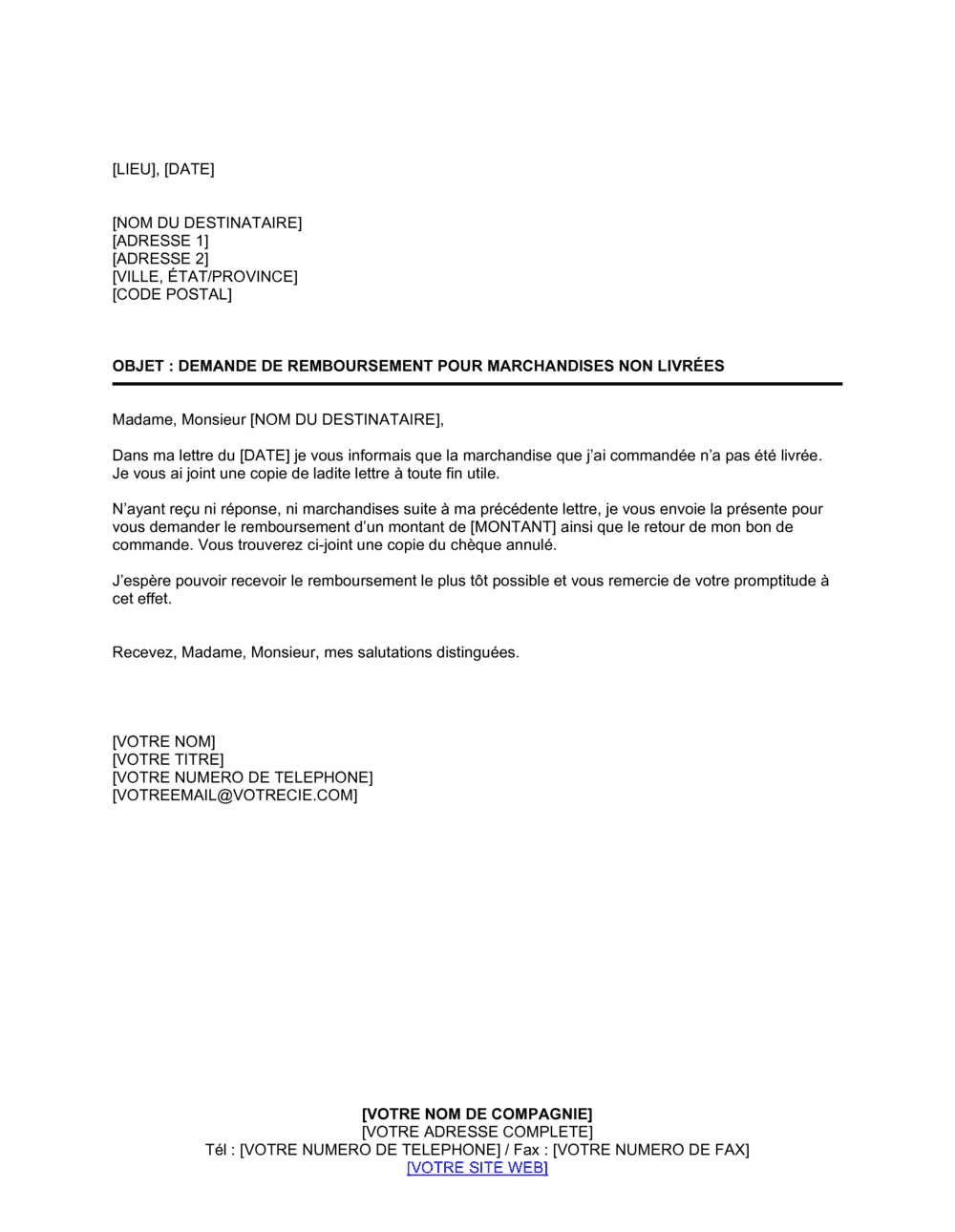 Business-in-a-Box's Demande de remboursement pour marchandises non livrées