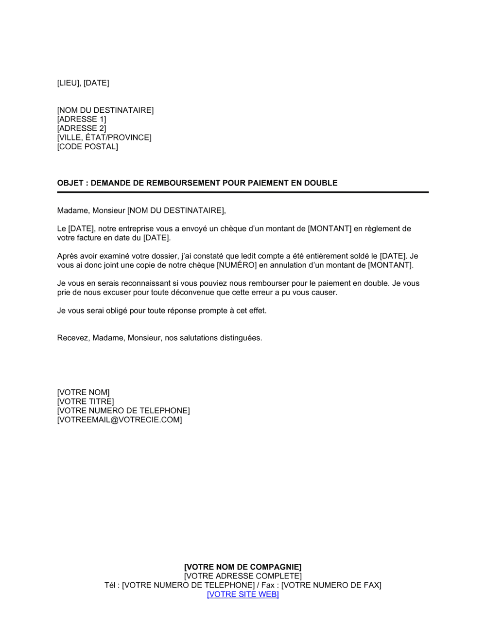Business-in-a-Box's Demande de remboursement pour paiement en double