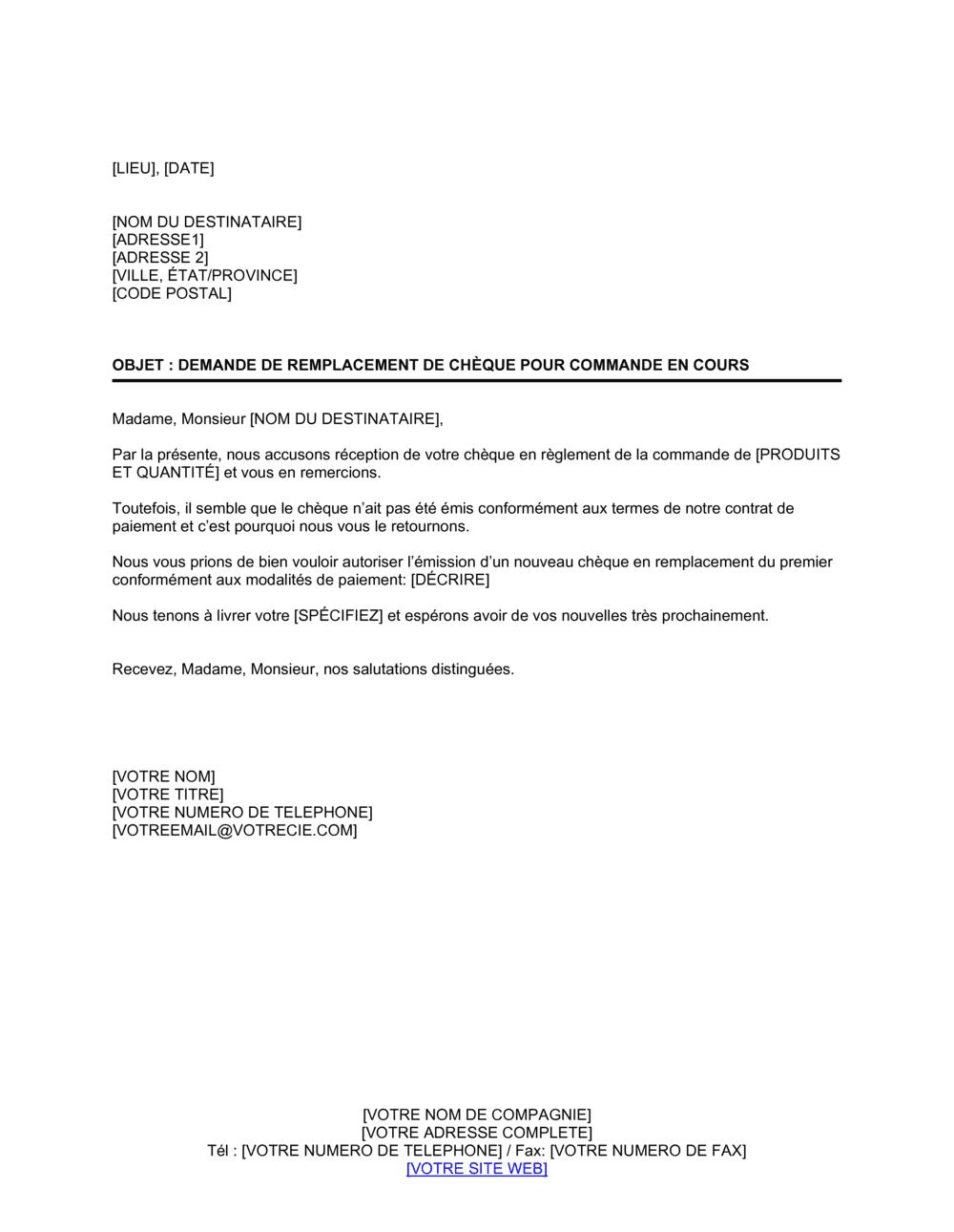 Business-in-a-Box's Demande de remplacement de chèque relatif à une commande en cours