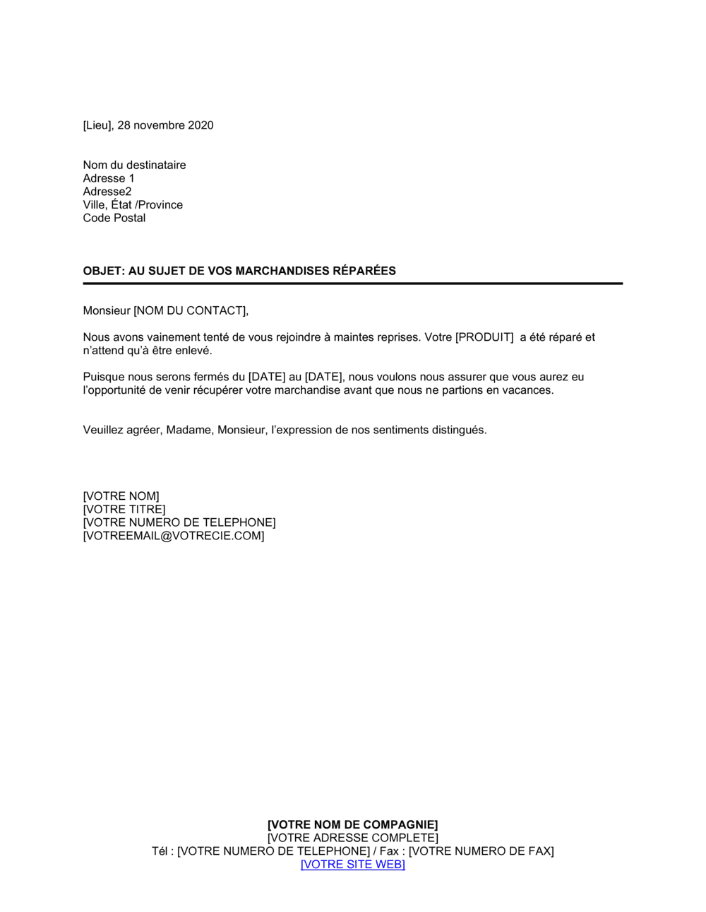 Business-in-a-Box's Demande de récupération de marchandises