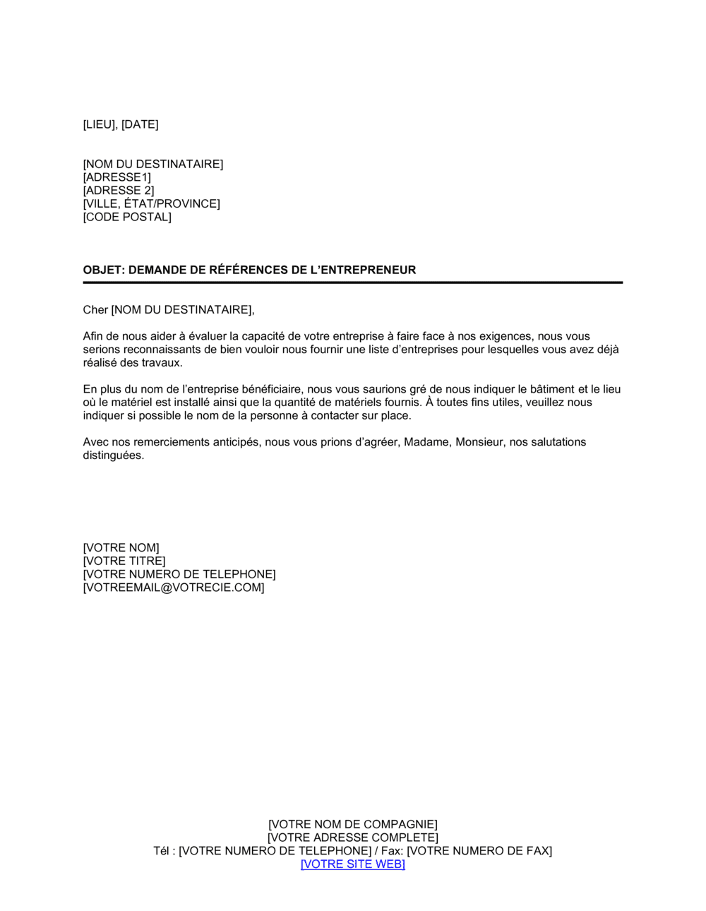 Business-in-a-Box's Demande de références de l'entrepreneur