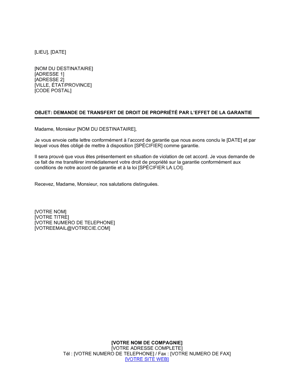 Business-in-a-Box's Demande de transfert de droit de propriété par la garantie