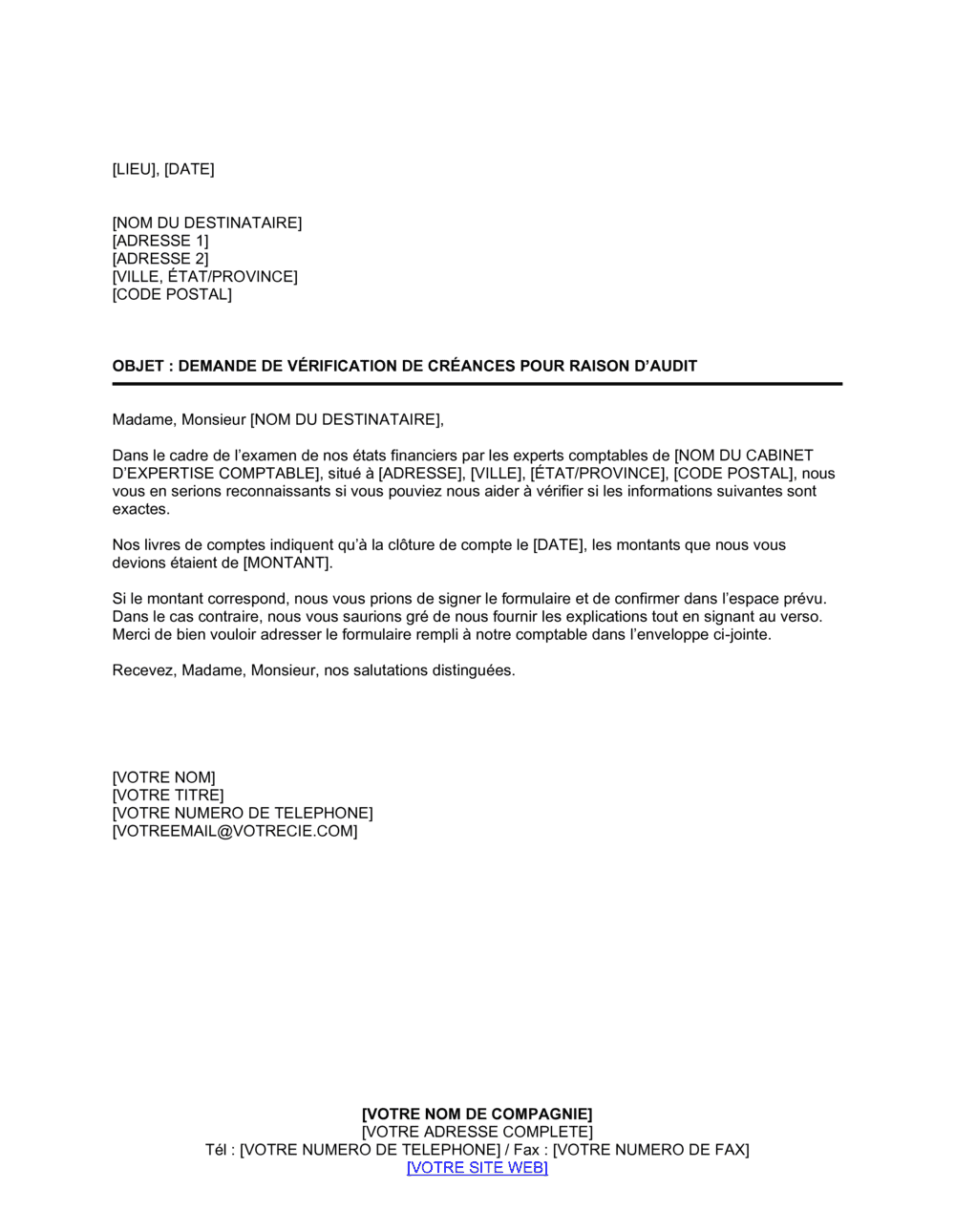 Business-in-a-Box's Demande de vérification de créance pour raison d'audit