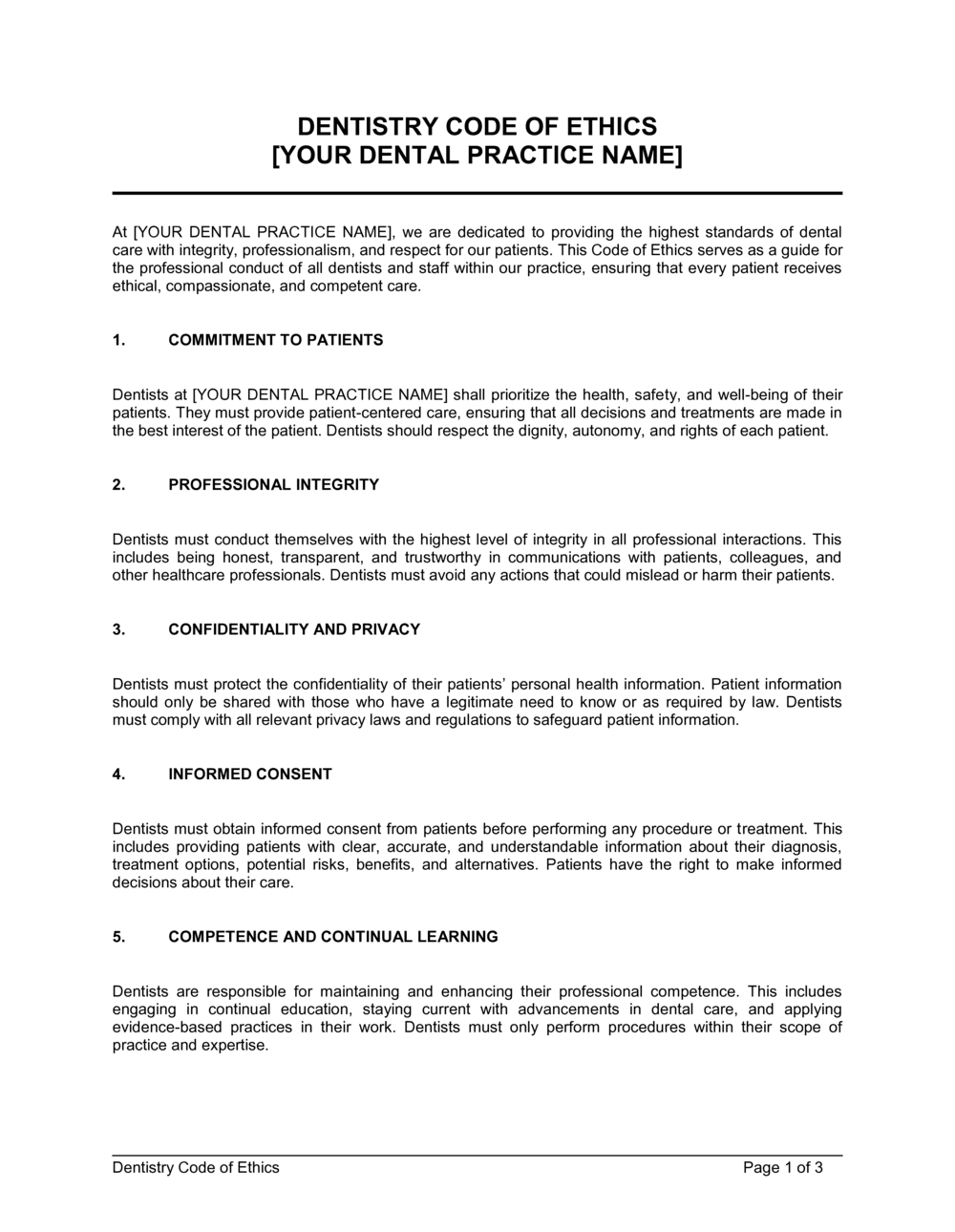 Business-in-a-Box's Dentistry Code Of Ethics Template