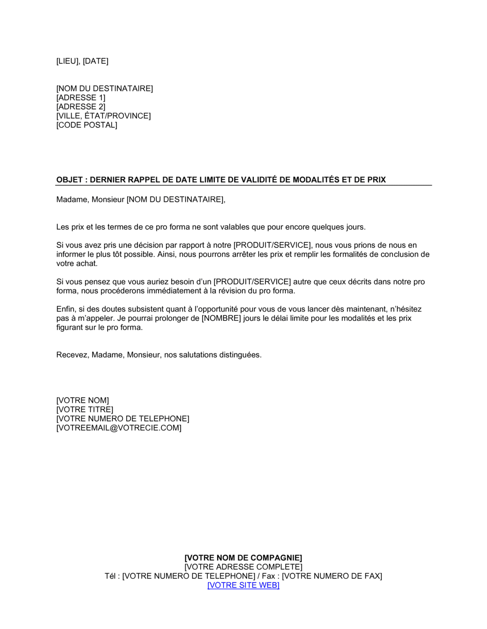 Dernier rappel de date limite de modalités et prix spéciaux Modèle ...