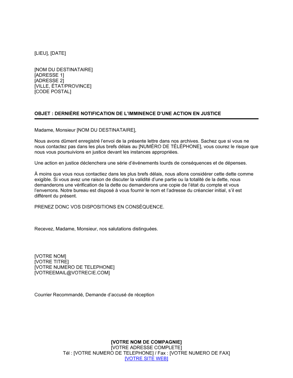 Business-in-a-Box's Dernière notification de l'imminence d'une action en justice