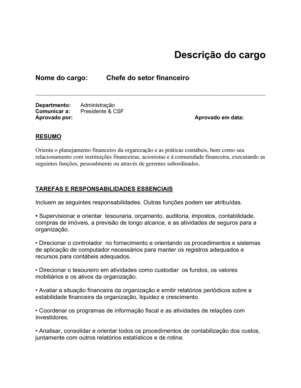 Business-in-a-Box's Descrição de Trabalho Exemplo para CFO